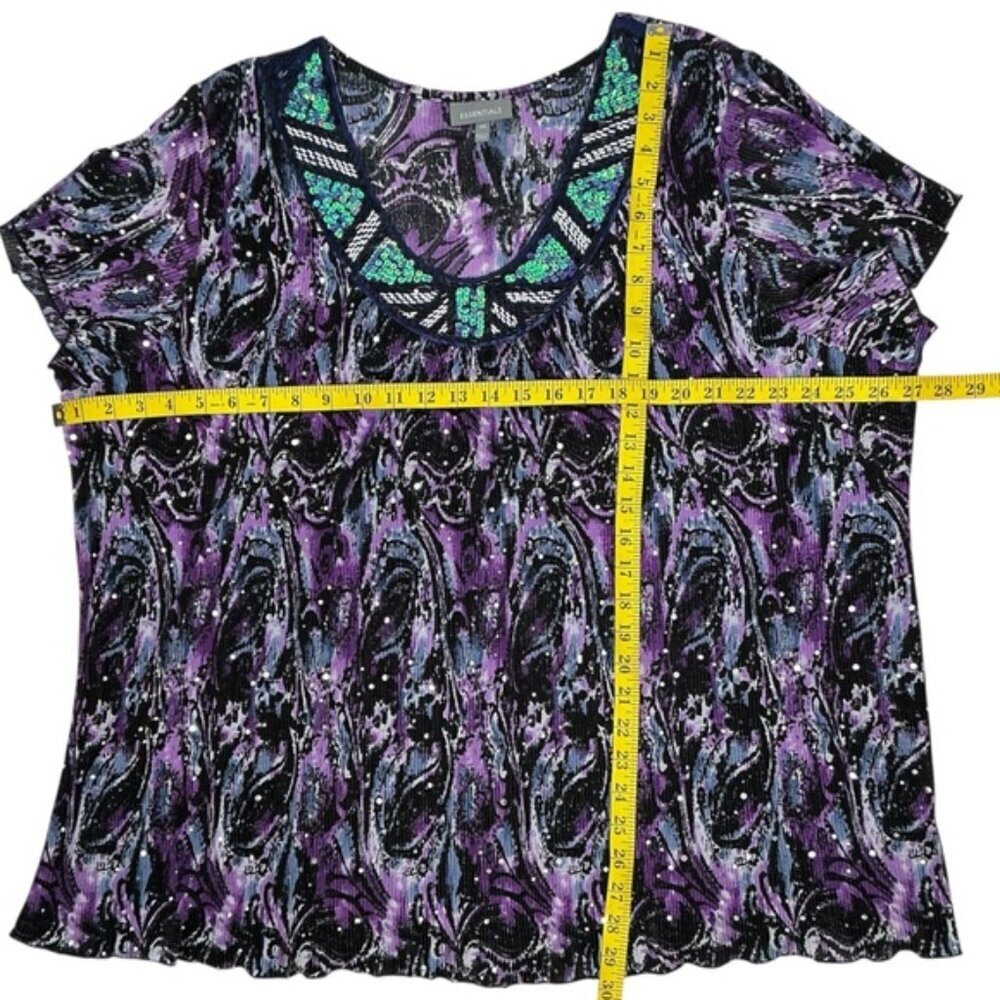 Essentials Sequin Top Beaded Flutter Sleeve Pullover Blouse Purple Teal Plus 3X - Picture 5 of 15